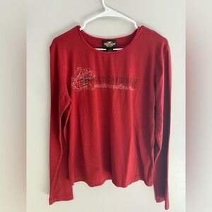 Harley Davidson Red Long Sleeve T Shirt Womens SZ XL Embroidered Flames Casual